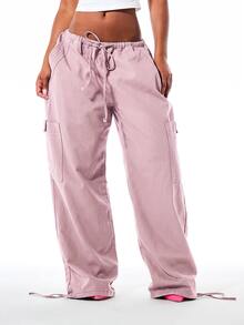 SUMWON WOMEN Wide Leg Cargo Trousers With Elasticated Drawstring Waist Oversized Fit Ankle Tie Utility Pockets Relaxed Parachute Style - Pink - View 1