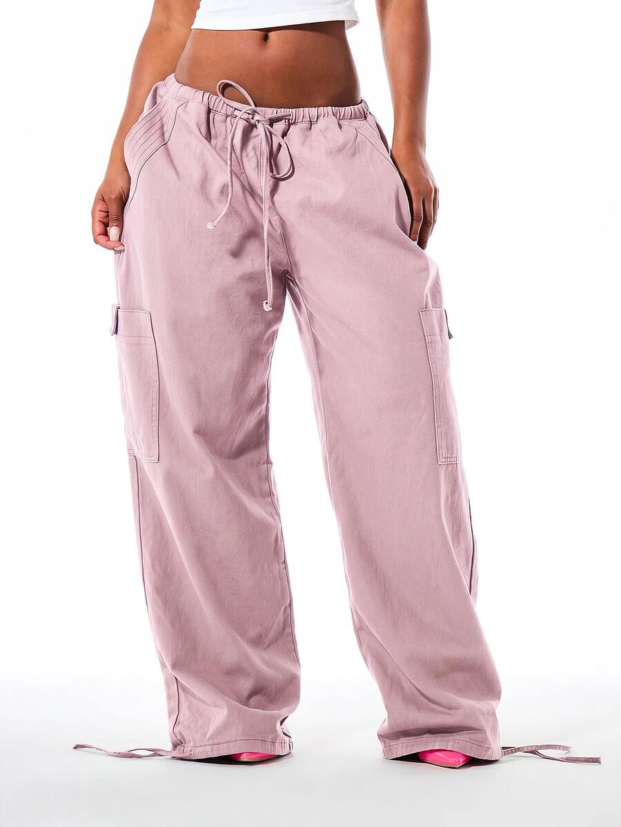 SUMWON WOMEN Wide Leg Cargo Trousers With Elasticated Drawstring Waist Oversized Fit Ankle Tie Utility Pockets Relaxed Parachute Style - Pink - View 1