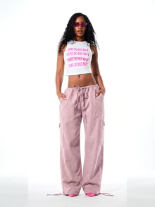 SUMWON WOMEN Wide Leg Cargo Trousers With Elasticated Drawstring Waist Oversized Fit Ankle Tie Utility Pockets Relaxed Parachute Style - Pink - View 6