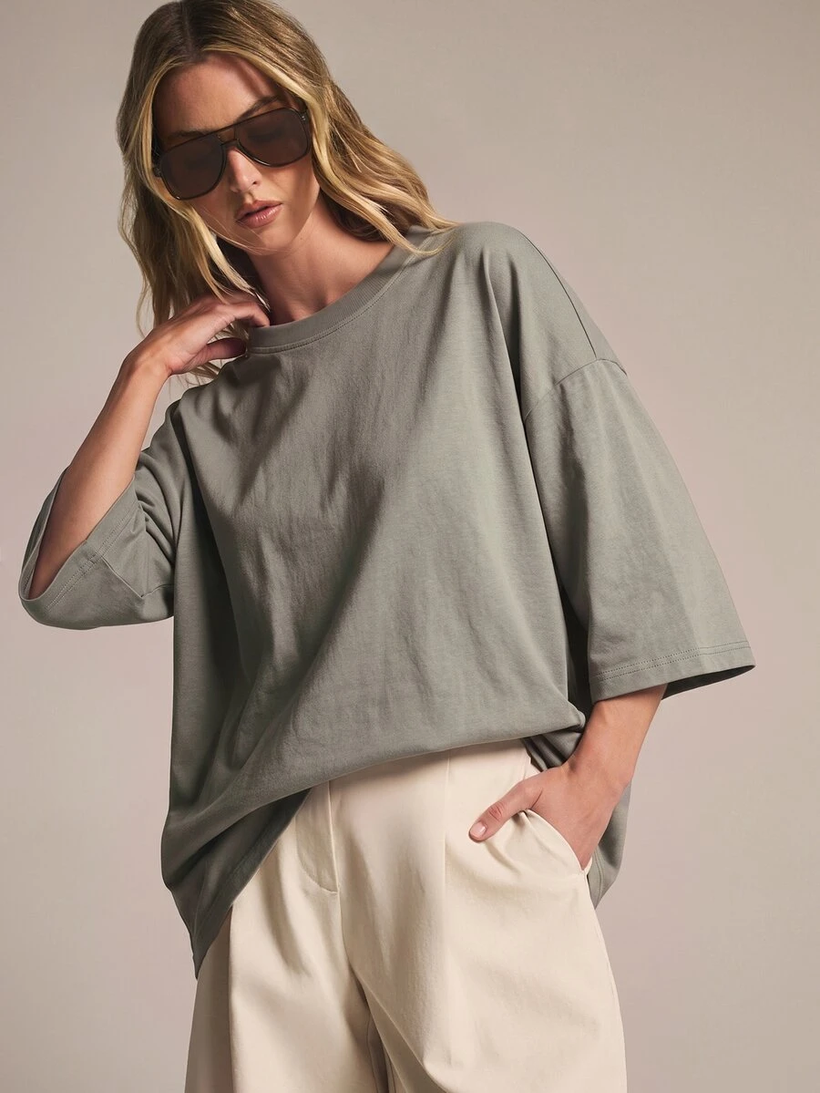 KSTM Oversized Crew Neck Boxy T-Shirt With Drop Shoulder And 3/4 Sleeves In Longline Silhouette Perfect For Casual Summer Everyday Wear - Grey - View 1