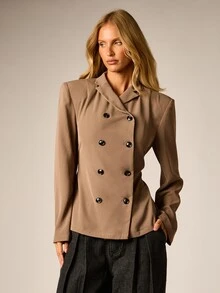 AiiRZ Double Breasted Belted Blazer Jacket With Lapel Collar Black Buttons Back Tie Detail Long Sleeves Hip Length Tailored Fit Fall Winter - Brown - View 4