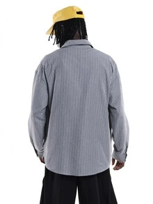 SUMWON Oversized Striped Long Sleeve Button-Up Shirt With Bold Front Logo Graphic Print Spread Collar Street Style Casual Overshirt - Blue - View 2