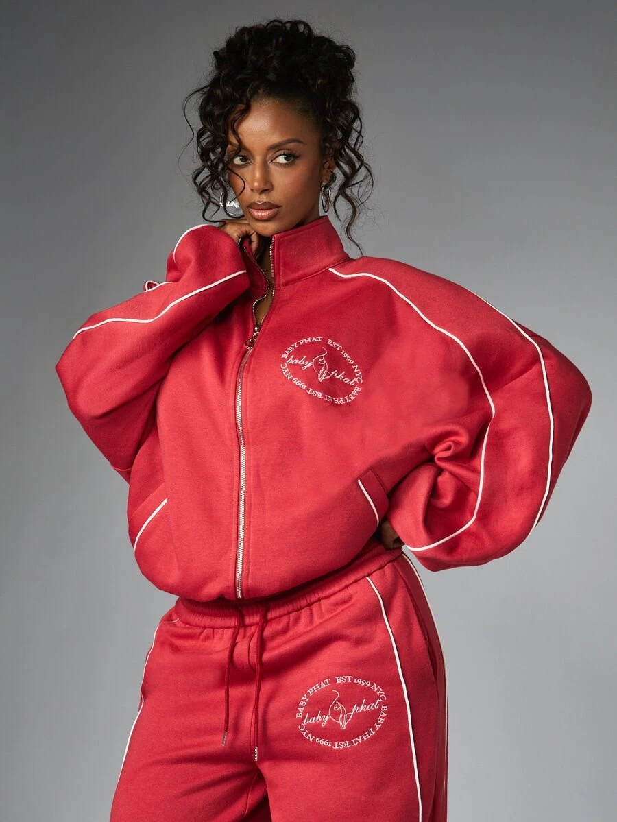 BABYPHAT Áo nỉ kéo khóa cổ phễu dáng rộng với chi tiết viền chạy dọc - Đỏ - Xem 1