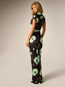 AiiRZ Floral Dress With High Neck Cap Sleeve Ruched Waist Mermaid Silhouette Large Mint Poppy Print Elegant Evening Gown - Multicolor - View 2