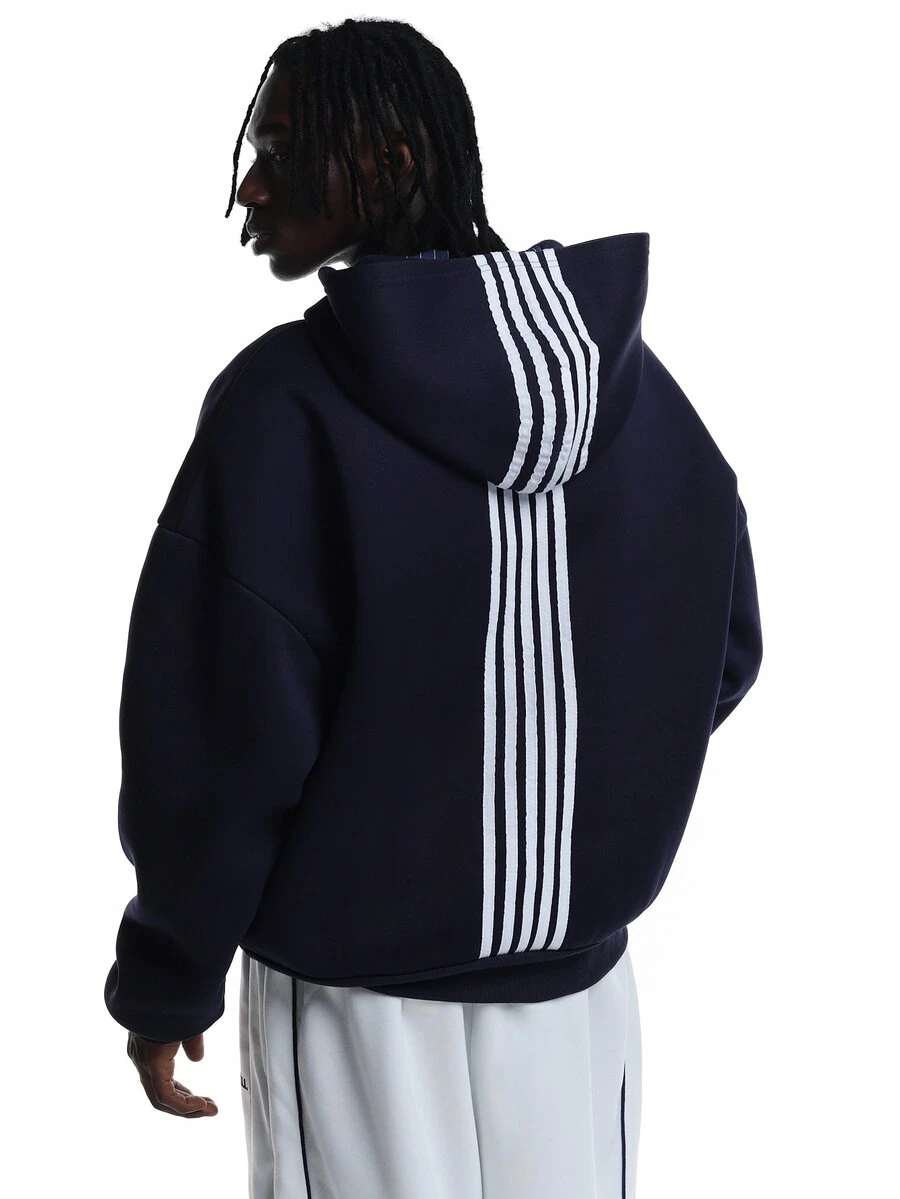 SUMWON Club Oversized Pullover Hoodie With Chest Logo Print And Vertical Stripe Back Detail Long Sleeve - Navy Blue - View 1