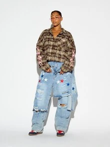SUMWON WOMEN Oversized Crop Plaid Flannel Shirt With Pink Flame Sleeve Print And Brand Logo Collared Long Sleeve Button Front Top - Brown - View 2