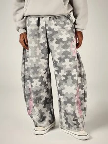 SUMWON Wide Leg Grey Camo Sweatpants With Pink Script Logo Leg Print Elastic Waist Casual Streetwear Trousers Fall Winter - Multicolor - View 4