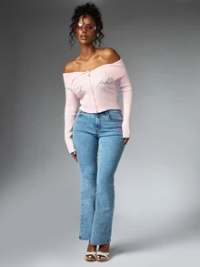 BABYPHAT Women's Sweet Fashion Embroidered Zipper Off-Shoulder Top - Pink - View 3