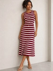 ELLERISSA Burgundy Striped Round Neck Sleeveless Button Front Knit Midi Dress - Burgundy - View 1