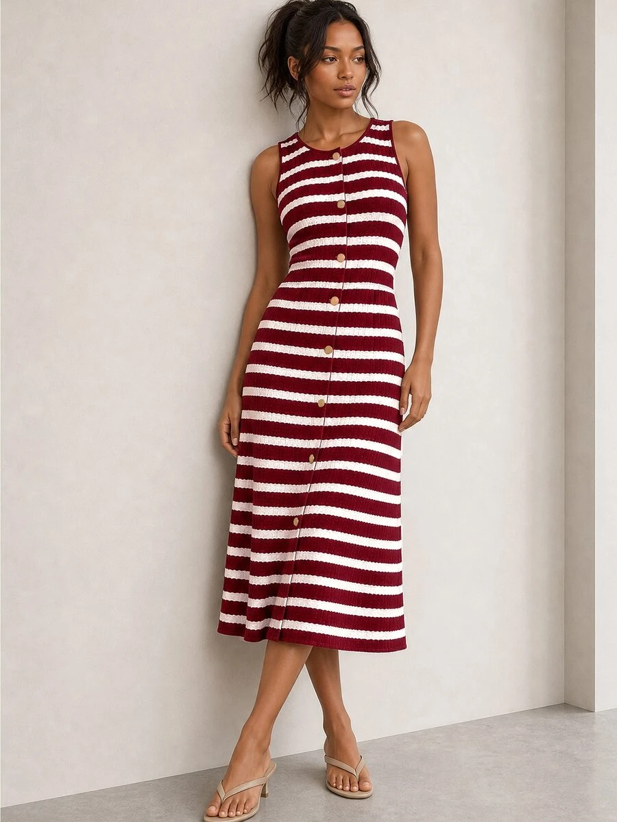 ELLERISSA Burgundy Striped Round Neck Sleeveless Button Front Knit Midi Dress - Burgundy - View 1
