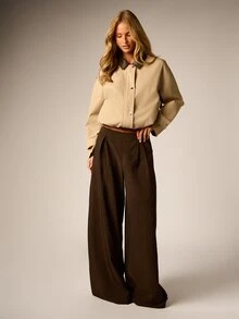 AiiRZ Oversized Wide Leg Pinstripe Dress Pants High Rise Pleated Palazzo Trousers Tailored Full Length Fall Winter Office Wear - Brown - View 4
