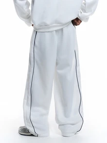 SUMWON Stu New York Wide Leg Sweatpants With Navy Contrast Piping Side Seam Logo Print Drawstring Waist Full Length - White - View 2