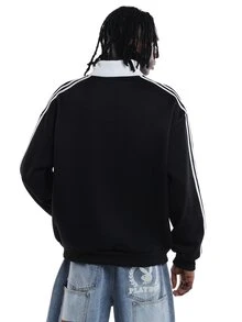 SUMWON Oversized Half-Zip Sweatshirt With White Stripe Detail Ribbed Collar Embroidered Logo Hip Length Long Sleeve Pullover Top - Black and White - View 2