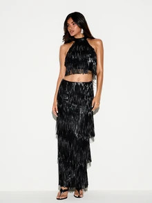 KIZN Faux Leather Fringe Halter Crop Top With High Neck And Open Back Clasp Festival Party Night Out Style - Black - View 4