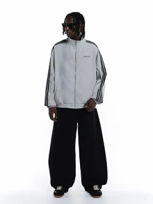SUMWON Oversized Track Jacket With Full Zip Closure Mandarin Collar And Contrast Stripe Sleeves Script Logo Detail Hip Length - Light Grey - View 3