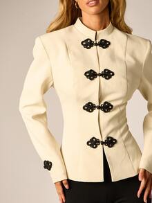 AiiRZ Fitted Military Style Jacket With Ornate Black Frog Closures Stand Collar And Structured Silhouette Perfect For Fall Winter Occasions - Apricot - View 5