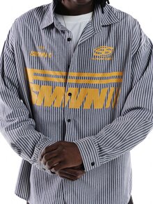 SUMWON Oversized Striped Long Sleeve Button-Up Shirt With Bold Front Logo Graphic Print Spread Collar Street Style Casual Overshirt - Blue - View 5