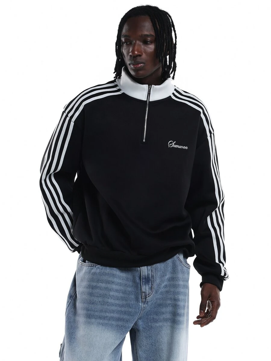 SUMWON Oversized Half-Zip Sweatshirt With White Stripe Detail Ribbed Collar Embroidered Logo Hip Length Long Sleeve Pullover Top - Black and White - View 1