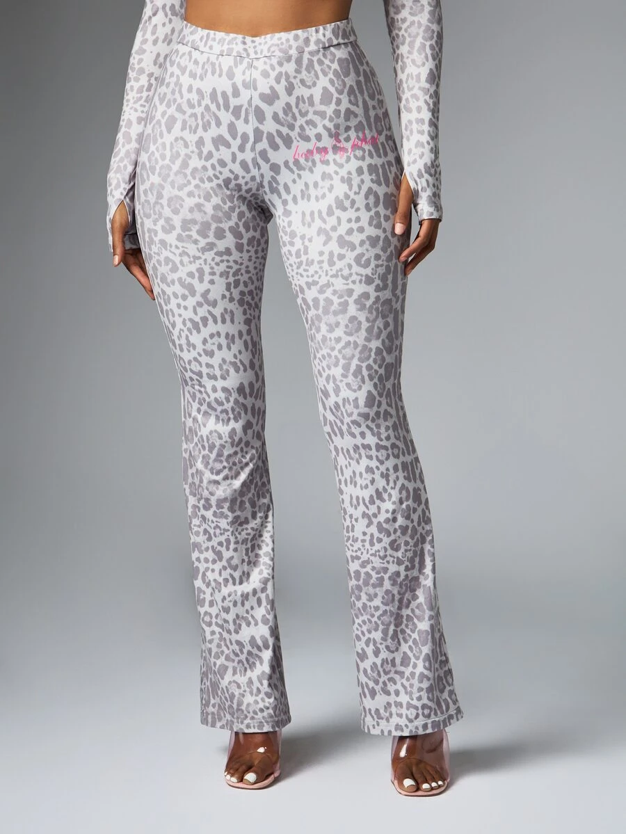 BABYPHAT Women's Leopard Print Elastic Waist Casual Versatile Flare Leggings - Grey - View 1