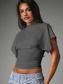 MISSGUIDED Mock Neck Cropped Top With Flutter Sleeves And Ruched Waist Detail Casual Spring Summer Everyday Wear - Dark Grey - View 4