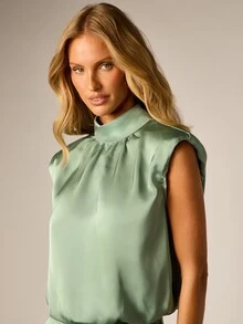 AiiRZ Satin Sleeveless Top With Mock High Neck Cap Sleeve Blouson And Wide Leg Palazzo Pants Gathered Neckline Keyhole Back Spring Wedding Guest - Green - View 5
