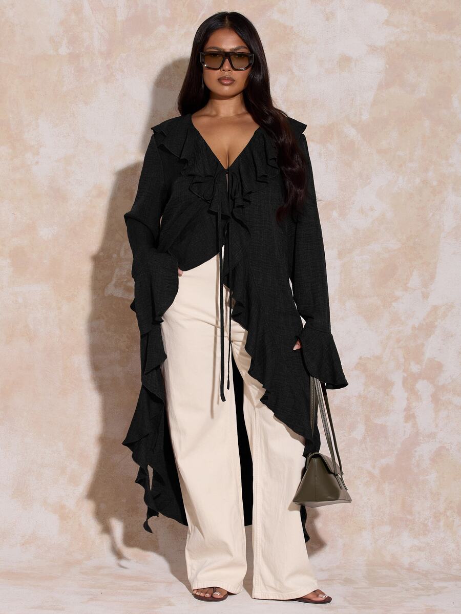 FASHION SZN Blus Fashion Wanita Ukuran Besar Warna Polos Kerah Ruffle Ikat Depan Lengan Mengembang - Hitam - View 1