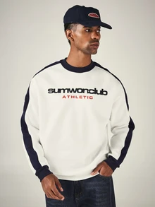 SUMWON Sweatshirt Leher Bulat Ukuran Besar Club Athletic dengan Garis Kontras Biru Tua di Lengan dan Cetak Logo di Dada - Blue and White - View 4