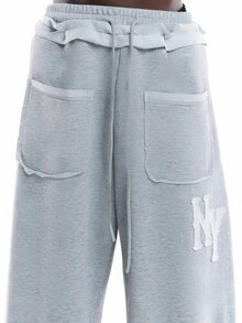 SUMWON NY Applique Wide Leg Sweatpants With Patch Pockets Drawstring Waist And Side Split Hem Casual Street Style - Grey - View 6