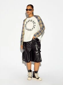 SUMWON WOMEN Oversized State 1990 Gothic Text Circle Print Raglan Long Sleeve Crew Neck Color Block Plaid Sleeve Top - Multicolor - View 3