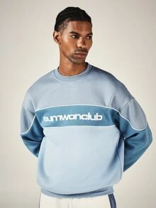 SUMWON Club Color Block Crew Neck Sweatshirt With Embroidered Logo Chest Print And Contrast Piping Detail - Blue - View 4