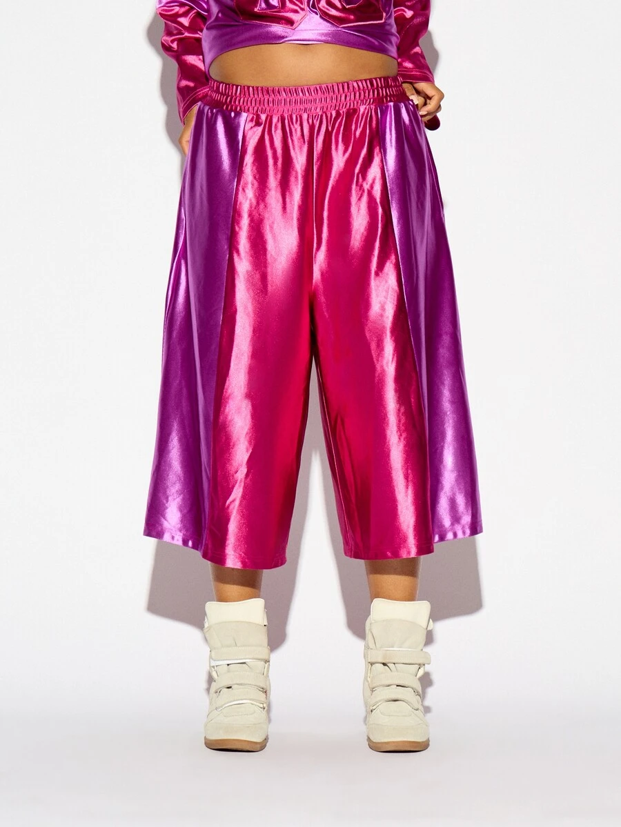 SUMWON WOMEN Oversized Metallic Satin Wide Leg Culottes High Rise Elastic Waist Midi Length Shiny Party Festival Summer Statement Bottoms - Red - View 1