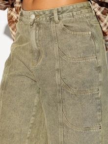 SUMWON WOMEN Vintage Washed Olive Denim Bermuda Shorts Wide Leg Below Knee Length Patch Pockets Mid Rise Summer Festival Style - Khaki - View 4