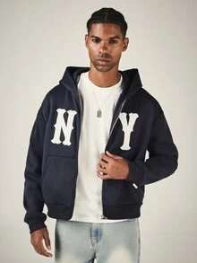 SUMWON Hoodie Full Zip Oversize NY New York dengan Huruf Applique Tebal, Saku Samping, Lengan Panjang, Kasual, untuk Lapisan Musim Dingin - Navy Blue - View 4