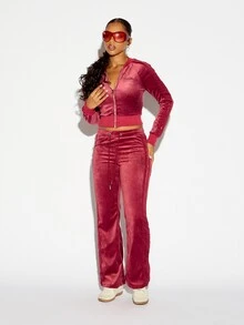 SUMWON WOMEN Velvet Flared Track Pants With Side Stripe Detail Low Rise Drawstring Waist And Tonal Embroidered Logo Patch Pockets Full Length - Red - View 3