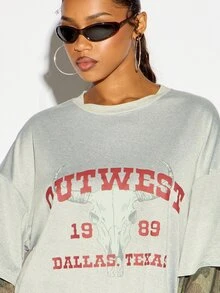 SUMWON WOMEN Outwest 1989 Dallas Texas Bull Skull Graphic Oversized Crew Neck Short Sleeve Washed T-Shirt Western Country Festival Style - Multicolor - View 4