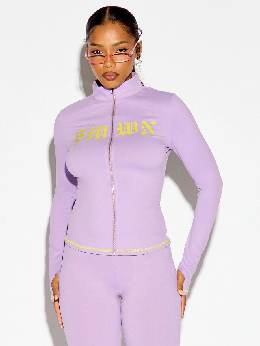SUMWON WOMEN Lavender Zip-Up Cropped Track Jacket With Old English Brand Text Print High Neck Fitted Long Sleeve Yellow Contrast Hem Detail - Purple - View 1