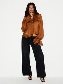 KIZN Satin Tie Neck Cropped Blouse With Bell Sleeves Ruffle Cuffs Flowy Gathered Back Semi Sheer Elegant Party Top - Brown - View 2