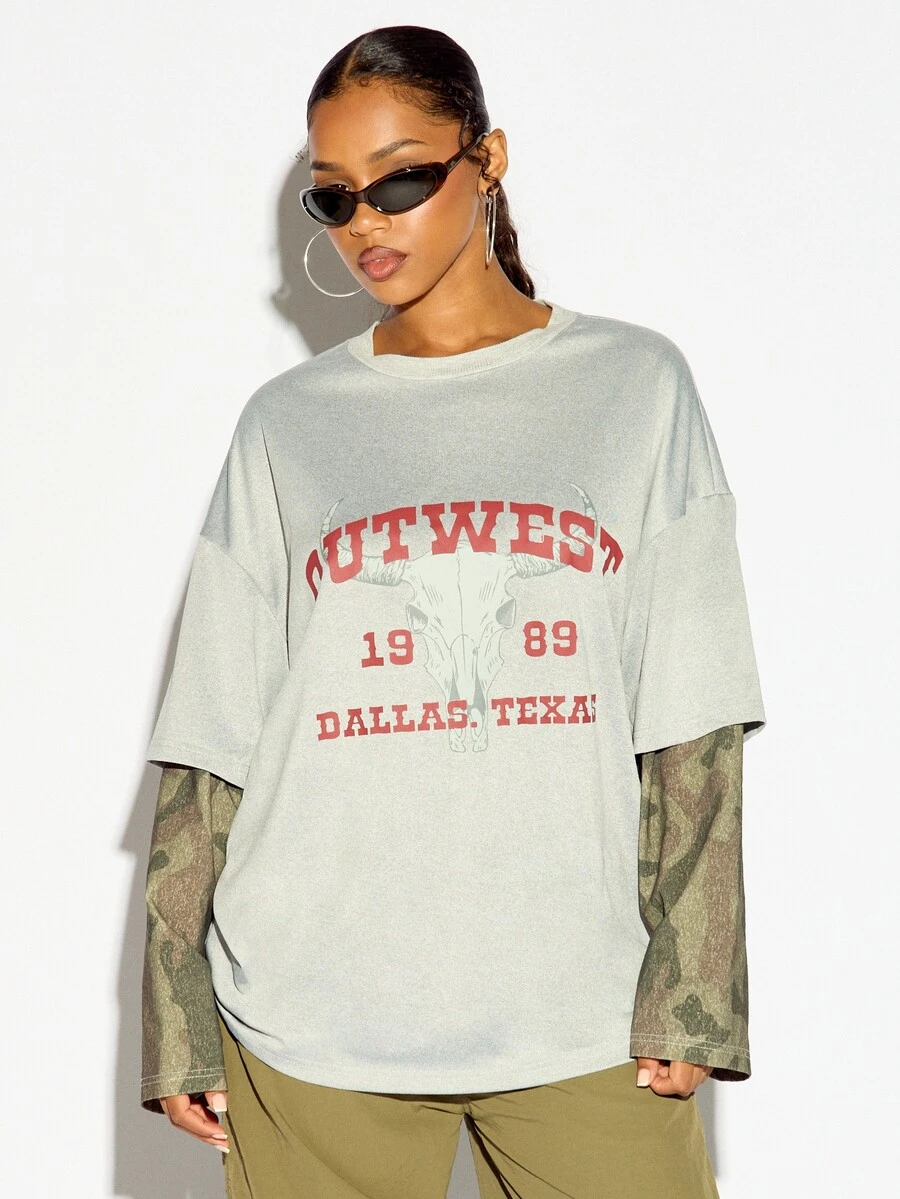 SUMWON WOMEN Outwest 1989 Dallas Texas Bull Skull Graphic Oversized Crew Neck Short Sleeve Washed T-Shirt Western Country Festival Style - Multicolor - View 1