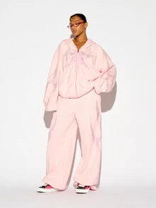SUMWON WOMEN Celana Sweatpants Kaki Lebar Oversized dengan Bordir Tulisan Psycho, Print Api Abstrak di Kaki, Pinggang Elastis, Celana Loungewear Kasual - Berwarna merah muda - View 4