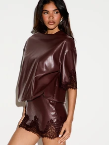 KIZN Faux Leather Oversized Top With Eyelash Lace Trim Cuffs Boat Neck Elbow Sleeve Luxe Party Holiday Evening Style - Dark Brown - View 5