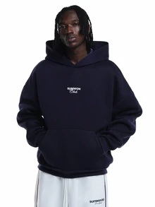 SUMWON Club Oversized Pullover Hoodie With Chest Logo Print And Vertical Stripe Back Detail Long Sleeve - Navy Blue - View 2