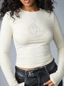 BABYPHAT Women's Street Fashion Rhinestone Long Sleeve Top Sexy - White - View 4