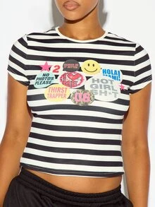 SUMWON WOMEN Striped Crop Slim Fit Tee With Colorful Badge Sticker Chest Print Crew Neck Short Sleeve Summer Festival Top - Black and White - View 4