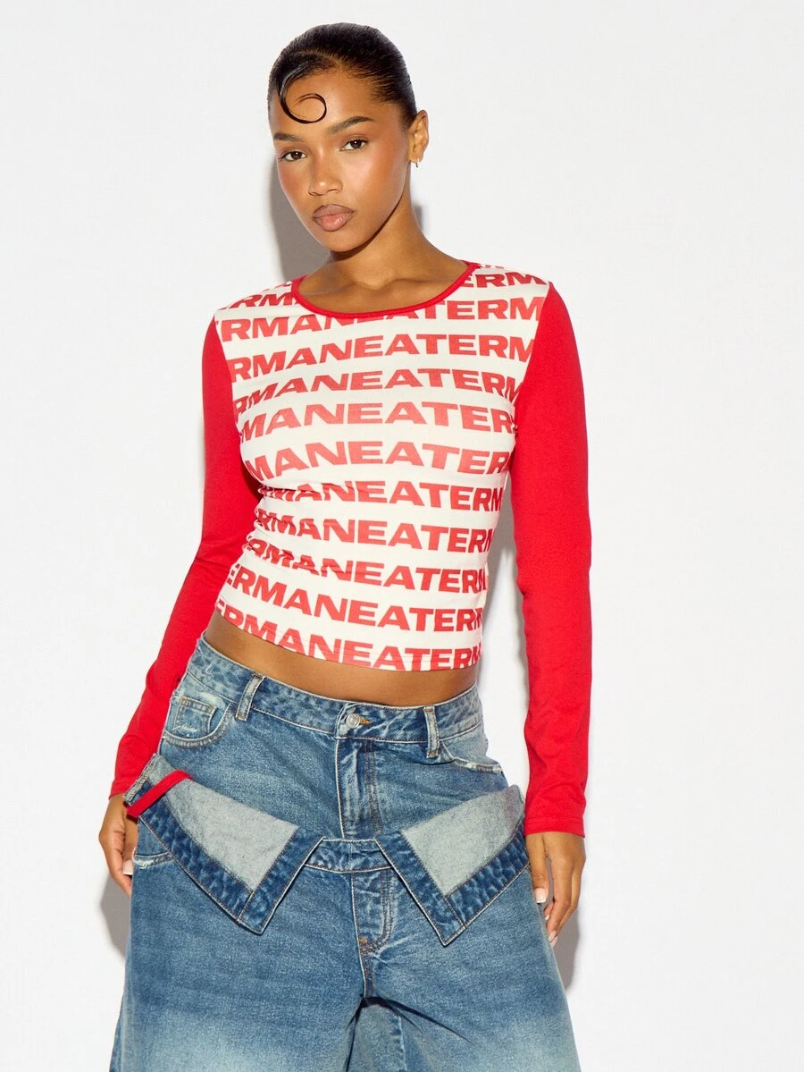 SUMWON WOMEN Maneater AOP Text Print Raglan Crop Top Long Sleeve Crew Neck Fitted Knit Statement Tee Spring Summer Festival Style - Red and White - View 1