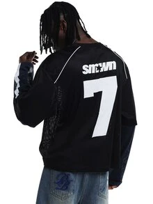 SUMWON Oversized Mesh Jersey Long Sleeve Top With Number 7 Back Print And Contrast Piping Detail Color Block Design - Multicolor - View 1