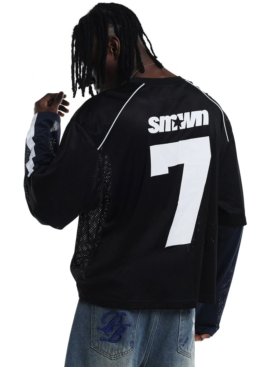 SUMWON Oversized Mesh Jersey Long Sleeve Top With Number 7 Back Print And Contrast Piping Detail Color Block Design - Multicolor - View 1