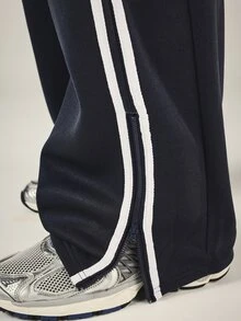 SUMWON Wide Leg Track Pants With Contrast White Stripe Detailing Drawstring Waist Script Logo Embroidery Full Length Casual Style - Navy Blue - View 6