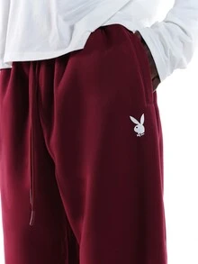 PLAYBOY X SUMWON Bunny Logo Wide Leg Sweatpants Drawstring Waist Fleece Jogger Trousers With Side And Back Pockets Fall Winter Casual Streetwear - Burgundy - View 5