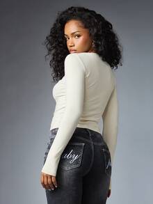 BABYPHAT Women's Street Fashion Rhinestone Long Sleeve Top Sexy - White - View 5