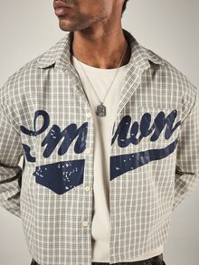 SUMWON Cropped Plaid Check Overshirt With Varsity Script Logo Print Long Sleeve Button-Up Collared Shirt Summer Festival Layering Style - Beige - View 5
